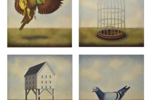 Domesticated: Parakeet & Rock Dove, 2020, acrylic on canvas, 10 x 10 inches each panel