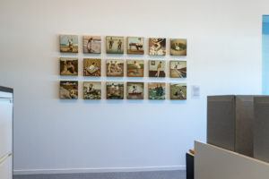 Souvenir Collection, 2019, acrylic on canvas, 18 panels, 10 x 10 inches each, installed at Stanford University